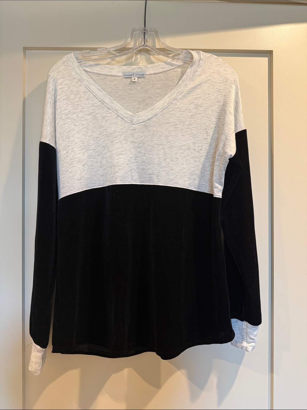 Moa Moa black velvet and oatmeal v neck top never worn